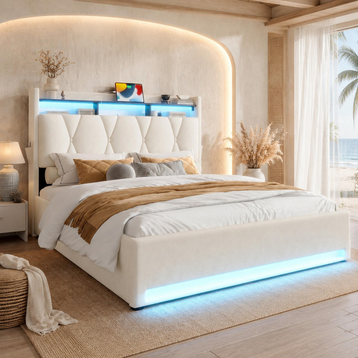 POLSTERBETT 140/200 mit Bettkasten, LED-Beleuchtung, USB-C und Kopfteilregal in Beige - Beige, Holzwerkstoff/Textil (140/200cm) - EVRYAE