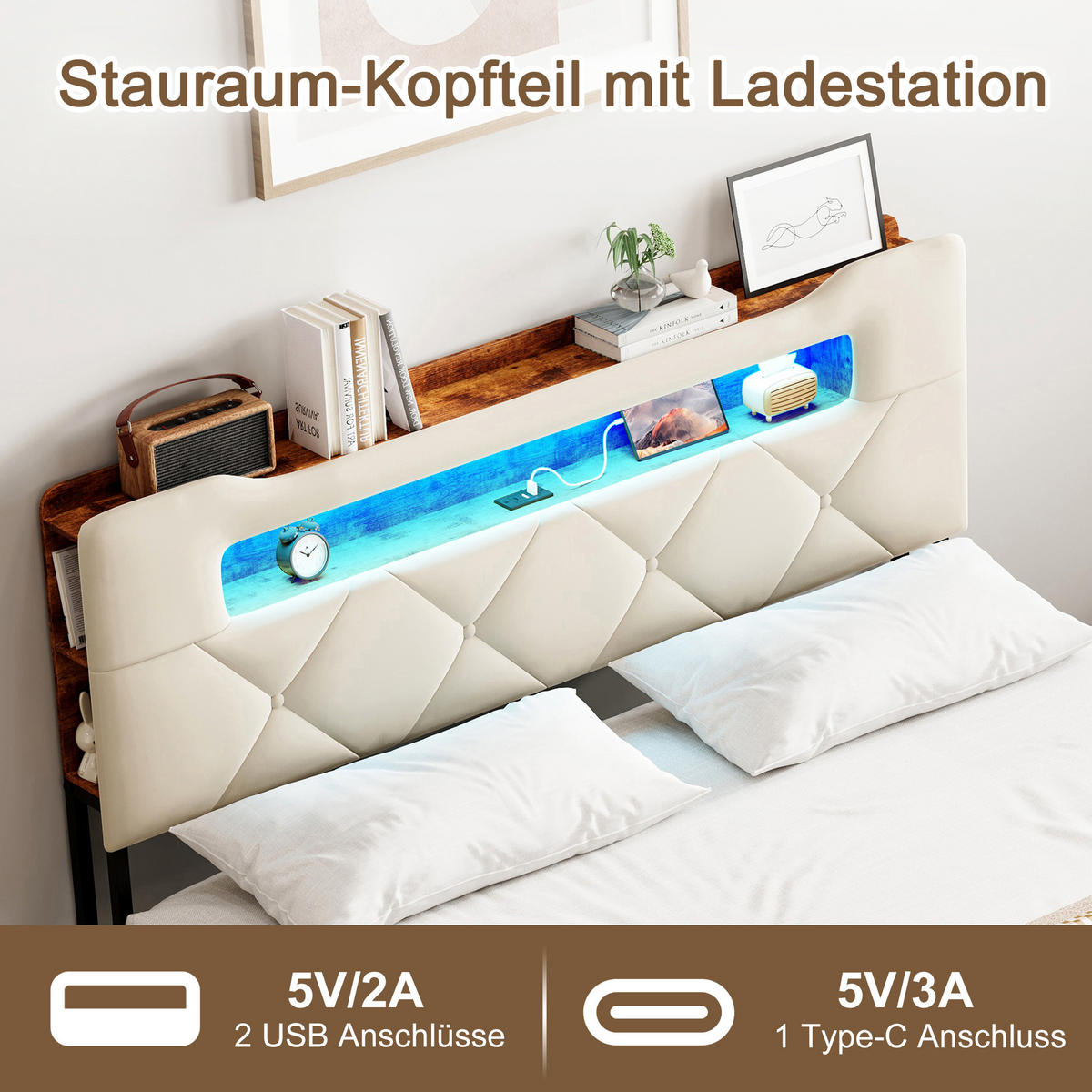 POLSTERBETT 140x200, jugendbett mit 4 Schubladen, LED, USB, Kopfteil, Lattenrost, samt, beige - Beige, Holzwerkstoff/Textil (140/200cm) - GENKI LIVING