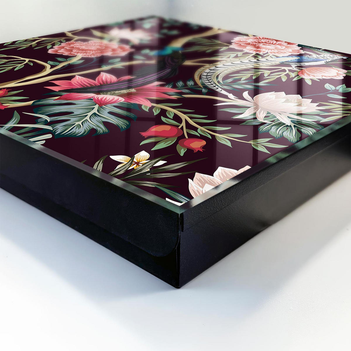 SCHLÜSSELBOX Schwarz 30x30 cm- Türöffnung nach rechts - Blumen und Vögel - Pink, Metall (30/30/5cm) - TULUP