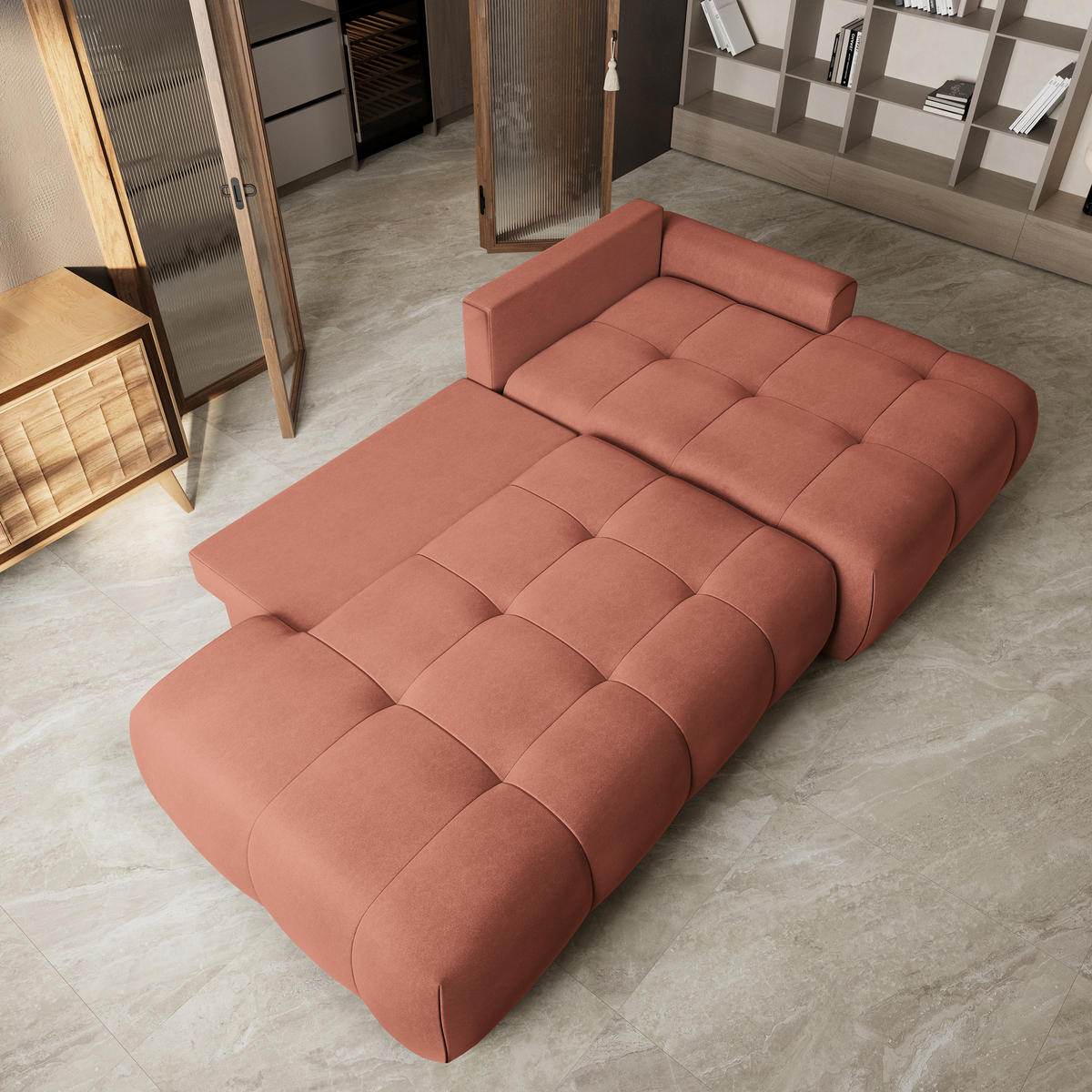 ECKSOFA FLUMA CL R-S Koralle Samtstoff mit Schlaffunktion - Koralle, Holzwerkstoff/Textil (279/158cm) - MASSENO