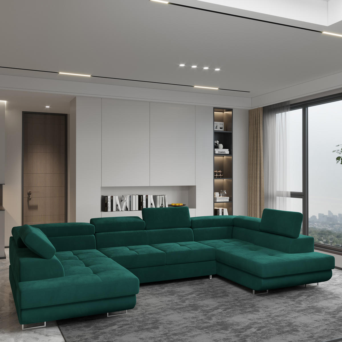 WOHNLANDSCHAFT RAGGIO Grün Velours-Stoff mit Schlaffunktion - Grün, Holz (336/90/202cm) - MASSENO