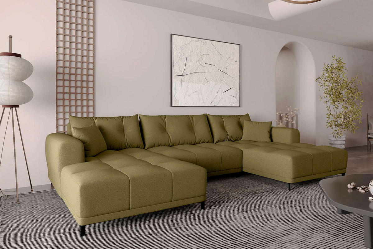 WOHNLANDSCHAFT Strukturstoff Khaki inkl. Schlaffunktion - Schwarz/Olivgrün, Textil/Metall (348/94/181cm) - 99rooms