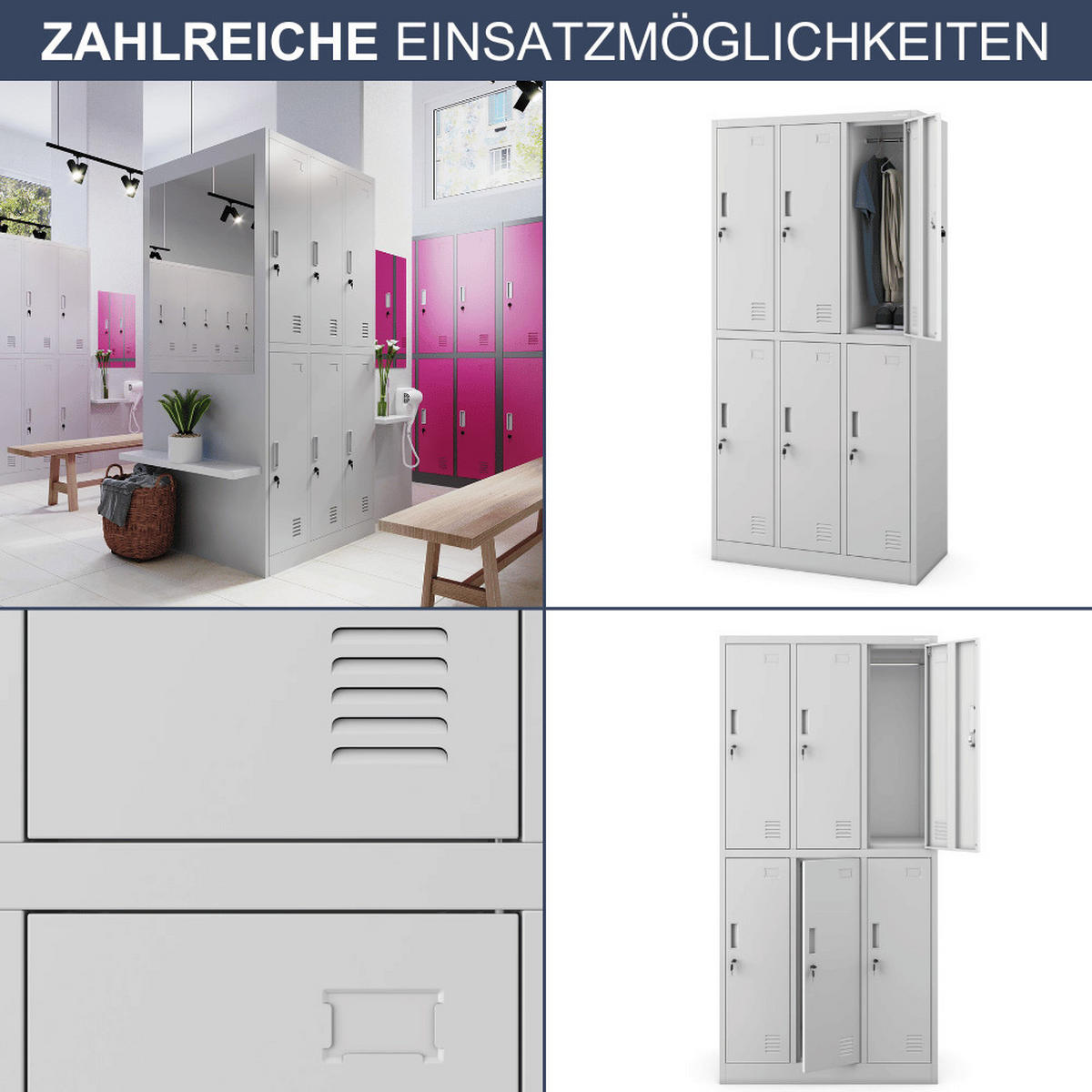 UMKLEIDESCHRANK Spind TOKIO 6 Abteile 185x90x45cm Grau - Grau, Metall (90/185/45cm) - DELUKE