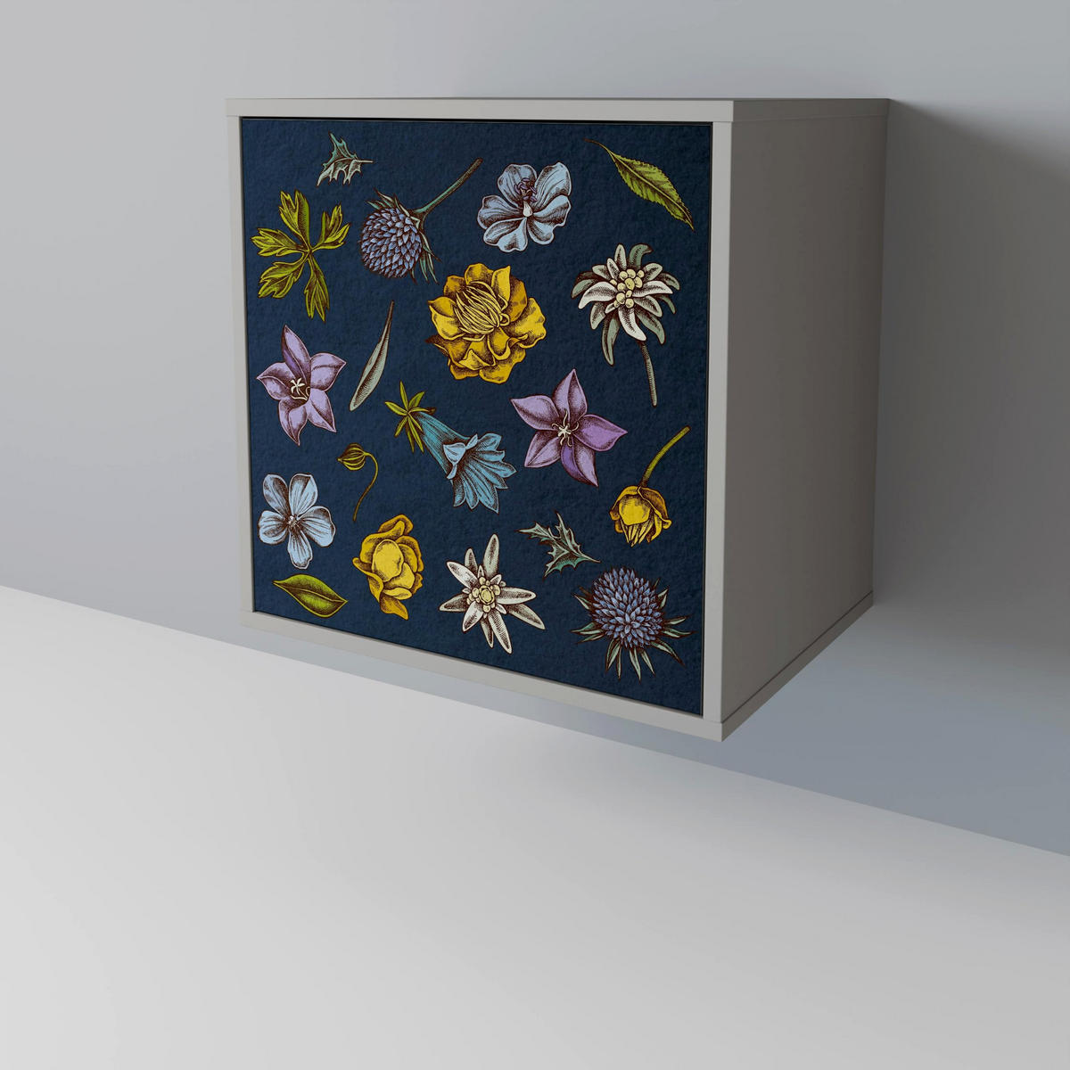SIDEBOARD FLOWERS ON NAVY BLUE, Grau, 57,5x42x70,5 cm, Schwarze Metall-Sternfüße - Multicolor/Schwarz, Holzwerkstoff/Metall (57.5/70.5/42cm) - SpaceRebels