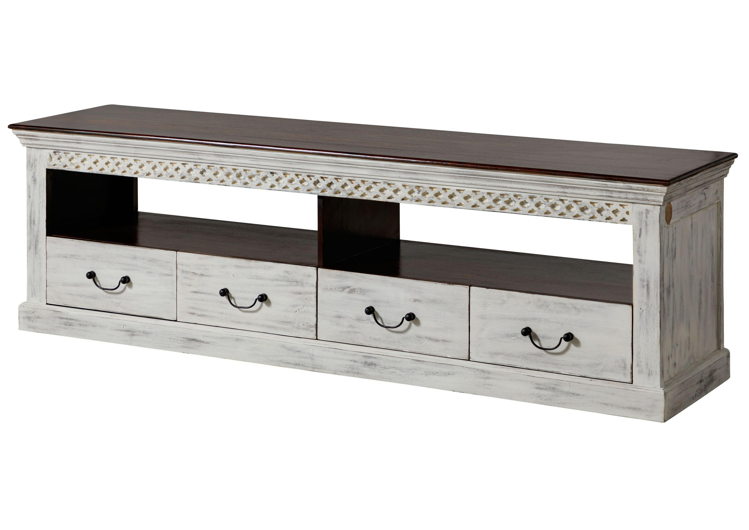 TV-BOARD Mango / Akazie 200x50x60 weiß gewachst CASTLE-ANTIK #107 - Weiß, Holz (200/60/50cm) - Massivmoebel24