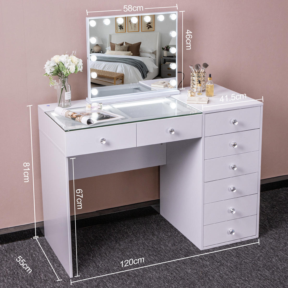 SCHMINKTISCH mit 8 Schubladen 120/55/81 CM und LED Beleuchtung Schminkspiegel Lichtleiste weiß 58/46 cm - Weiß, Holz (55/81/120cm) - VANITII