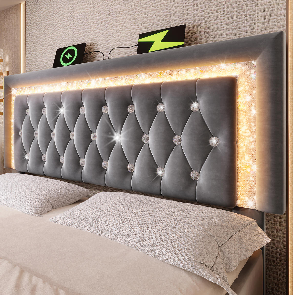 ČALÚNENÁ posteľ zo zamatu 180x200 cm sivá s LED osvetlením, USB-C a hydraulickým úložným priestorom - sivá, textil (180/200cm) - Modfu