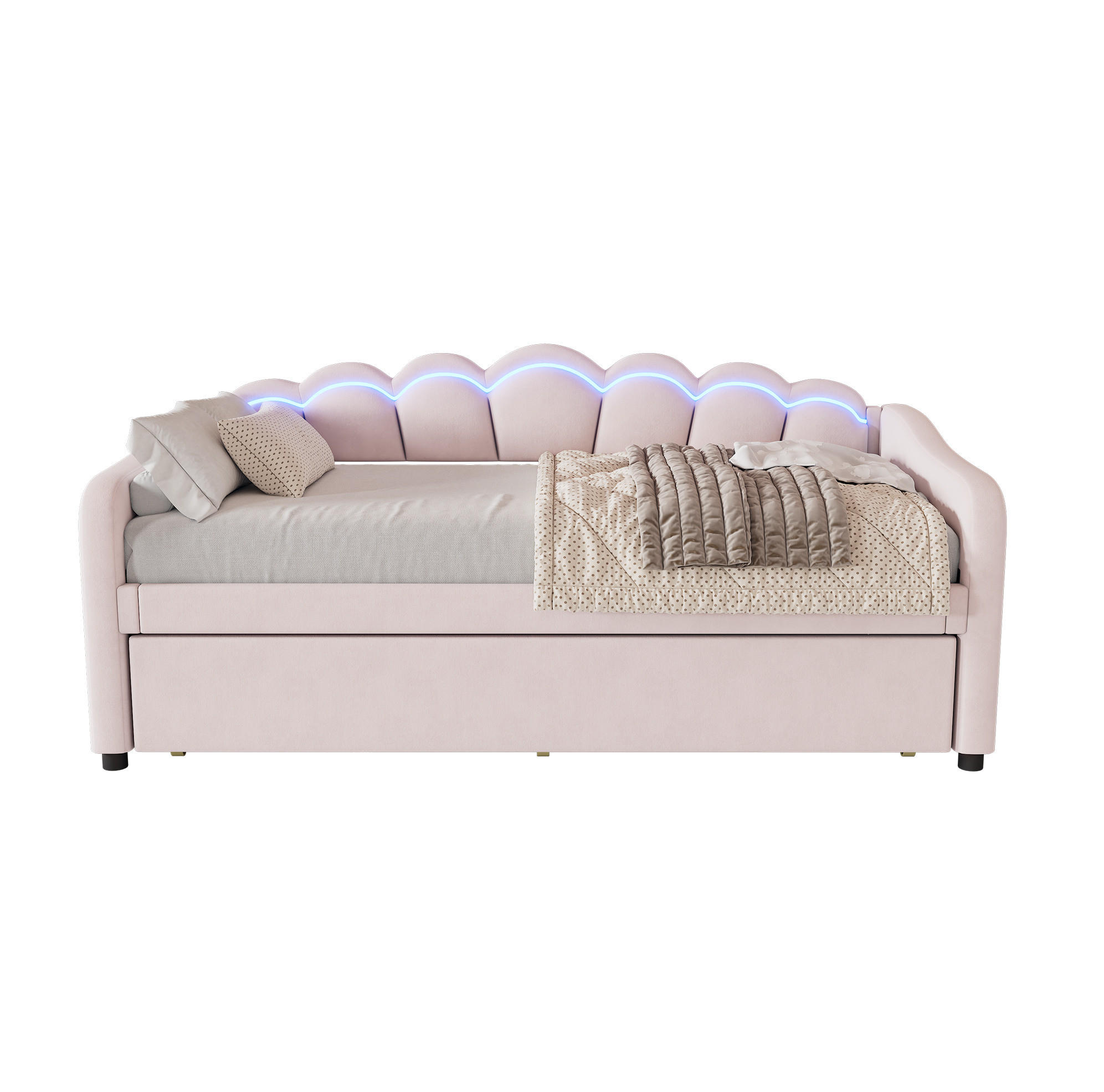 OKWISH ČALOUNĚNÁ postel 90/200 cm růžová ze sametu s výsuvným lůžkem a LED osvětlením