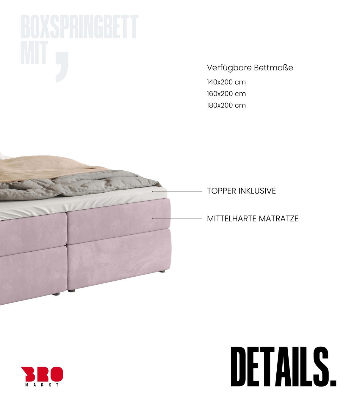 BOXBETT Denver mit Topper 160/200 Rosa - Rosa, Holzwerkstoff/Textil (160/200cm) - Bromarkt