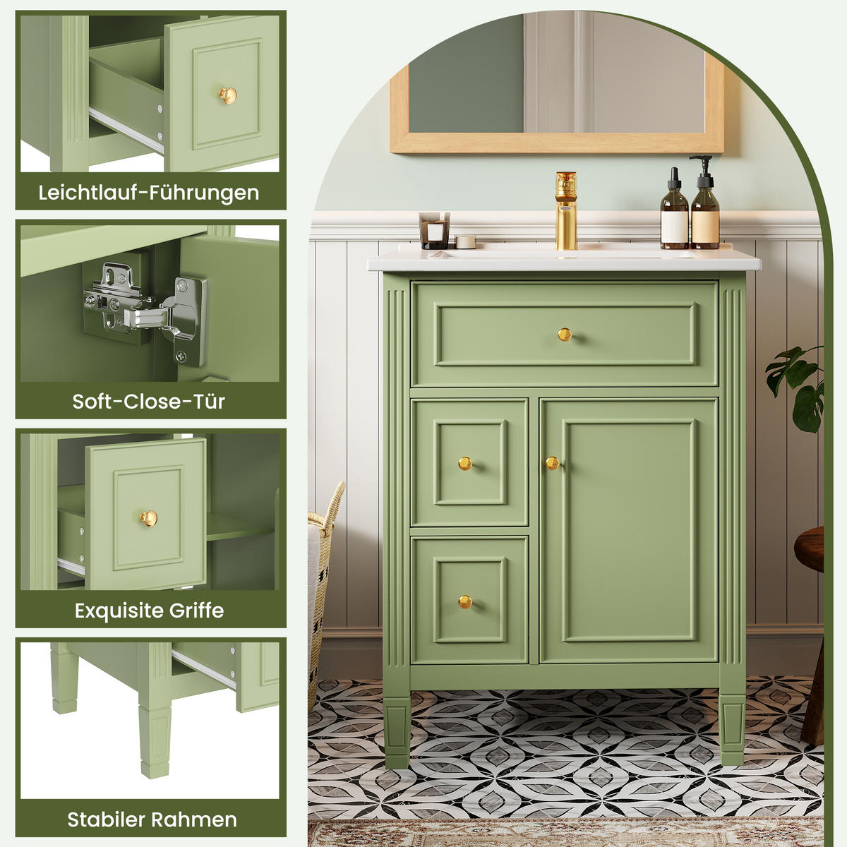 BADEZIMMERSCHRANK Grün Hochglanz Klapptür Schubladen 61cm - Grün, Keramik (61/86/47cm) - FLIEKS