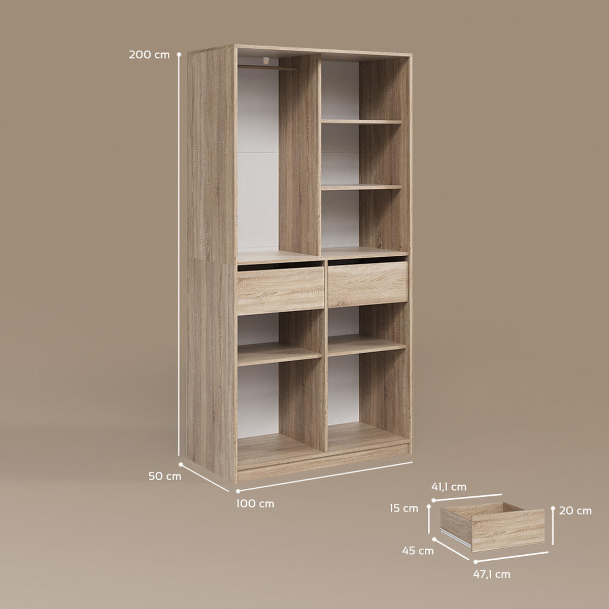 ŠATNÍ SKŘÍŇ Trento Sonoma se 2 zásuvkami - Sonoma dub, kompozitní dřevo (100/200/50cm) - Livinity®