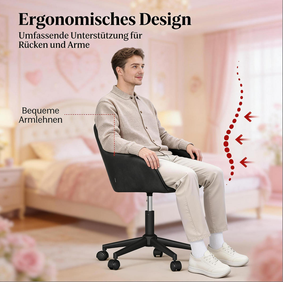 BÜROSTUHL höhenverstellbar Samt Schwarz - Schwarz, Metall (40.5/40/61cm) - Meubliv