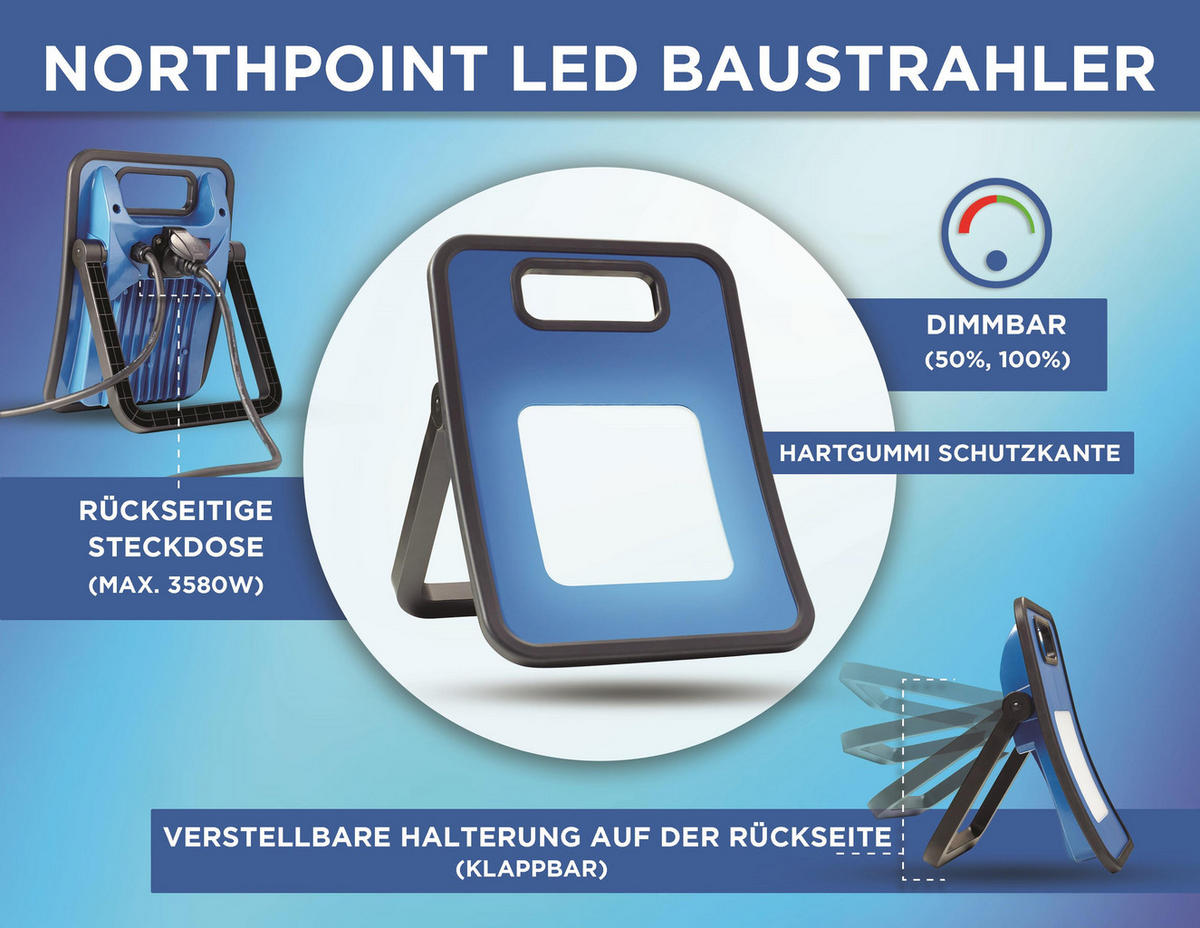 LED-ARBEITSSTRAHLER - 30W mit 3000 Lumen, stabiler Standfuß und rückseitiger Steckdose für Innen- und Außeneinsatz, 3m Netzkabel - Schwarz, Metall (8.5/33/24cm) - Northpoint
