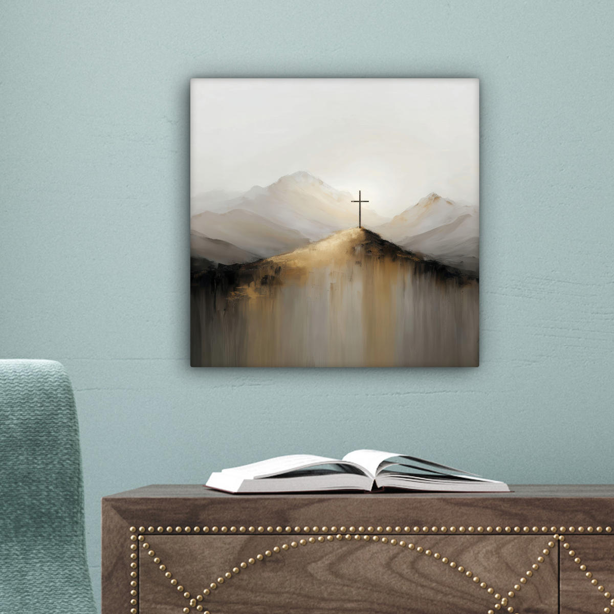 LEINWANDBILD Hügel - Abstrakt - Kreuz - Christentum Deko Wohnzimmer 20x20 cm - Beige, Textil (20/20cm) - MuchoWow