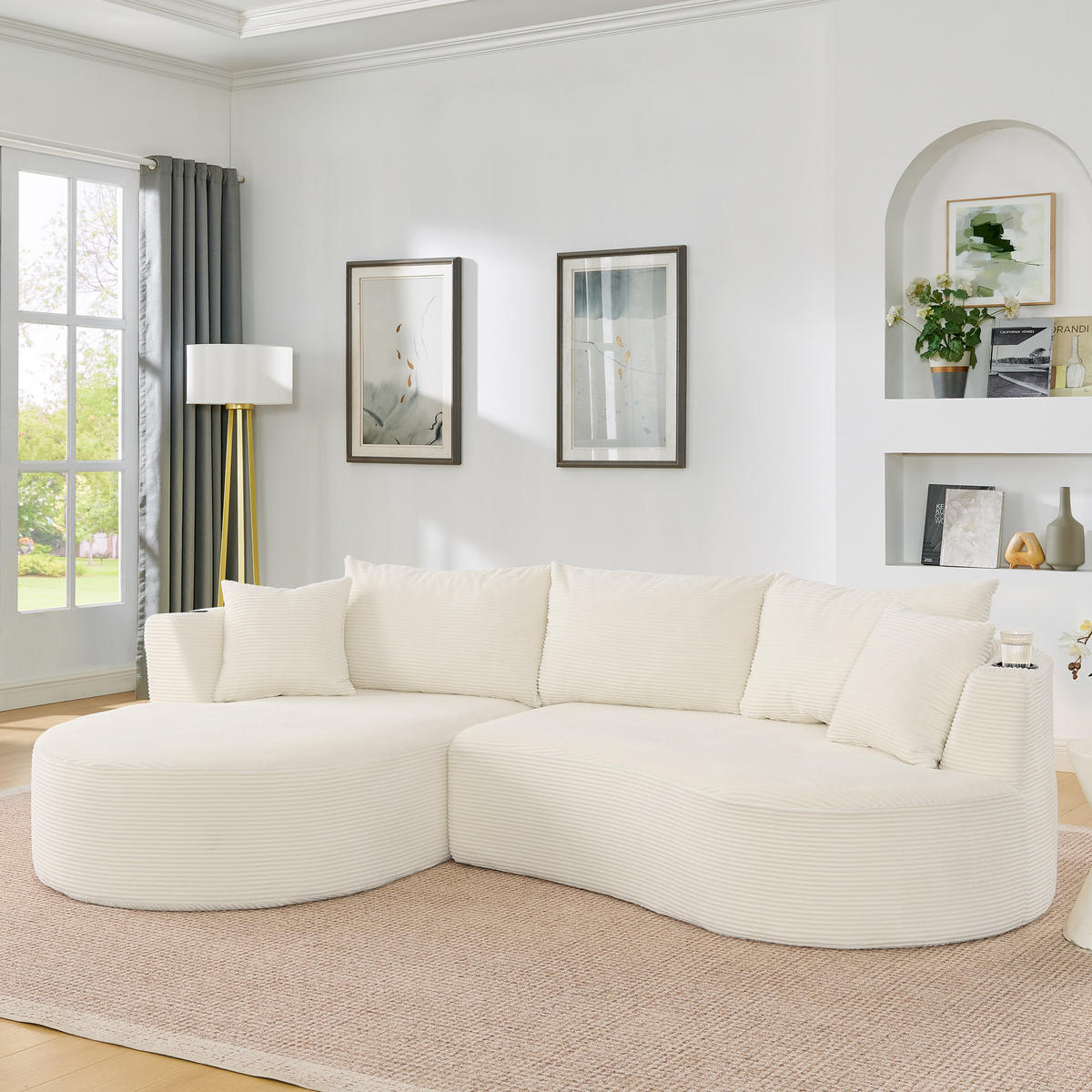 3-SITZER ECKSOFA Cord Beige mit Getränkehaltern und Kissen - Beige, Textil (264/168cm) - WISHDOR