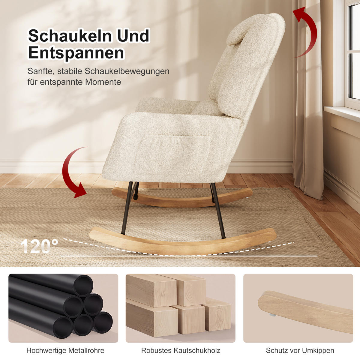 SCHAUKELSTUHL mit Hocker, Beige ,Lendenkissen, Kopfstütze, Seitentaschen und Massivholzsockel, Lammwolle Stoff-für Wohnzimmer, Schlafzimmer - Ecru, Holz/Metall (75/42/93cm) - BursDany