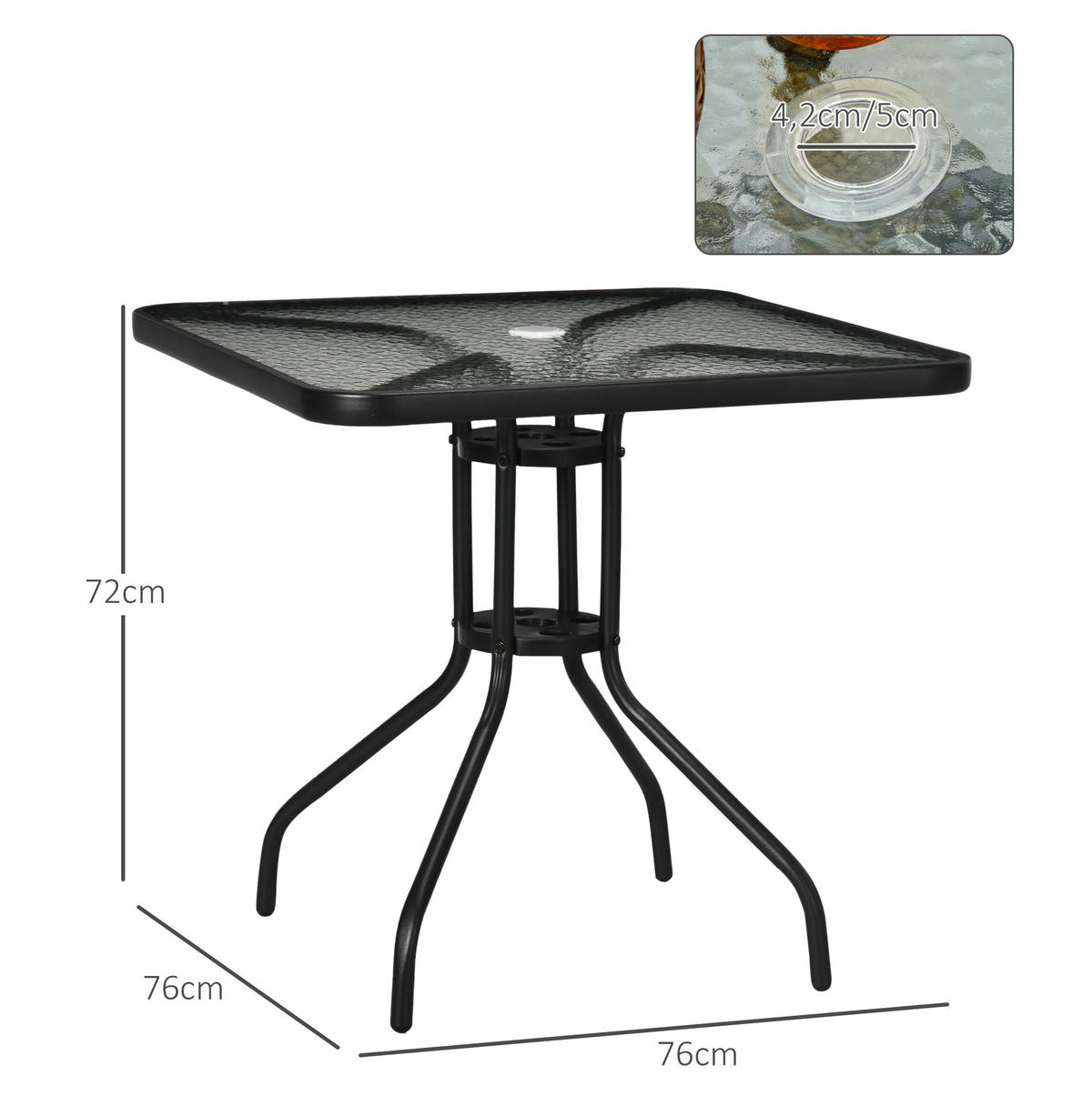 GARTENTISCH 76/76/72 cm schwarz aus Metall mit Glasplatte und Schirmloch - Naturfarben, Metall (76/76/72cm) - OKWISH