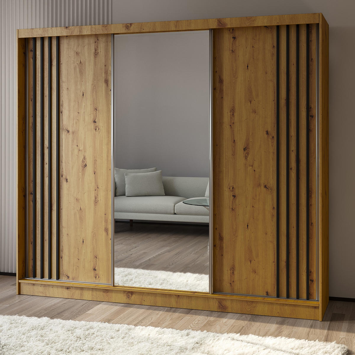 SCHWEBETÜRENSCHRANK NELVIA 240/216/61 cm 3-türig mit Spiegel Eiche Artisan - Eiche Artisan, Holzwerkstoff (240/216/61cm) - MASSENO