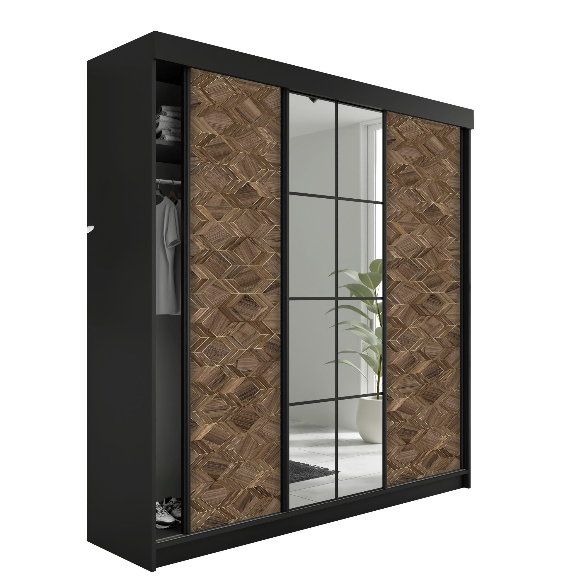 Kier Furniture POSUVNÁ ŠATNÍ SKŘÍŇ LAMARO - 200x205x59cm - Černá & Art Deco