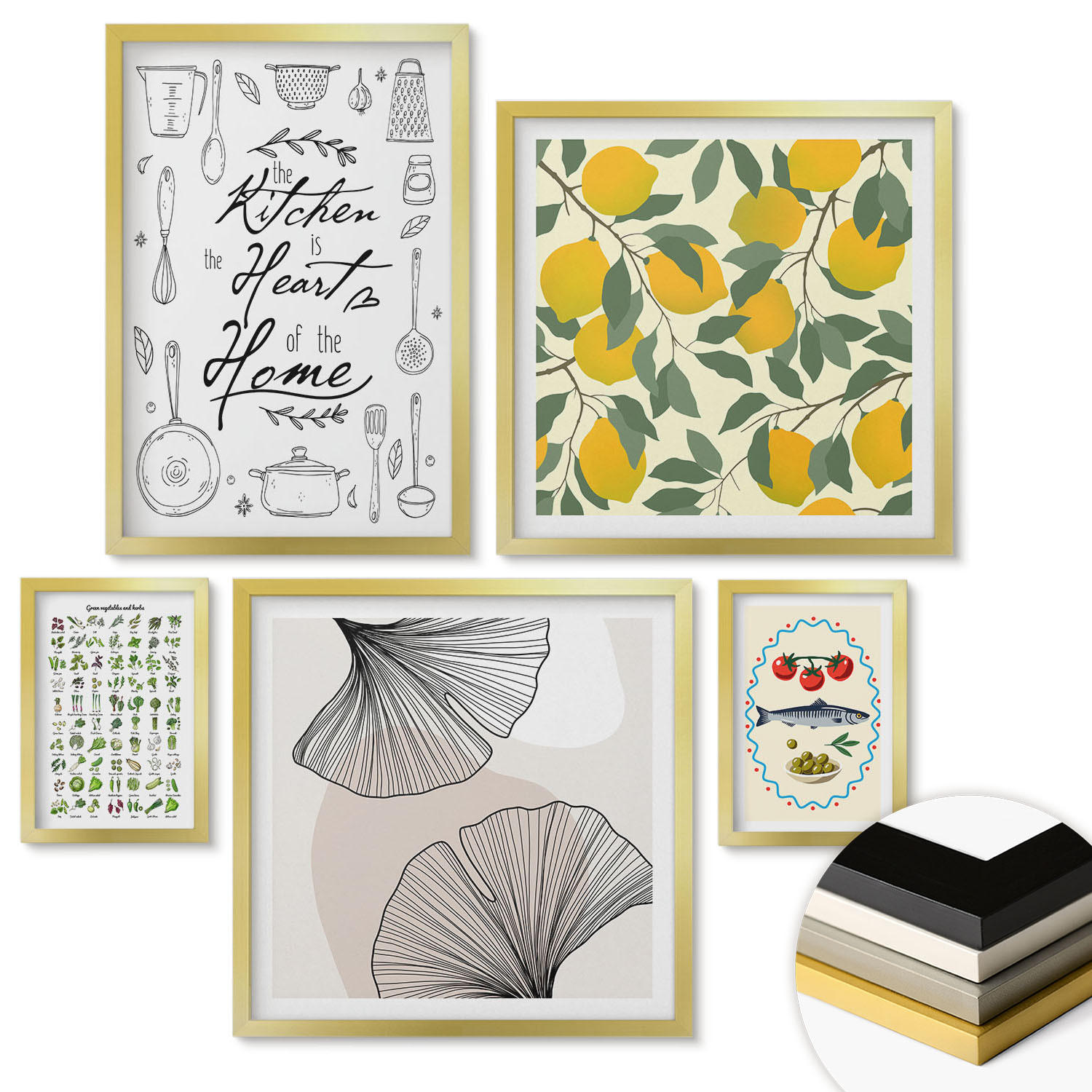 WANDBILDER 5er Set - 50x50 cm & 20x30 cm & 40x60 cm Goldrahmen - Küchenkräuter-Zitronen-Malerei - Goldfarben, Kunststoff (40/60cm) - ArtPrintCave