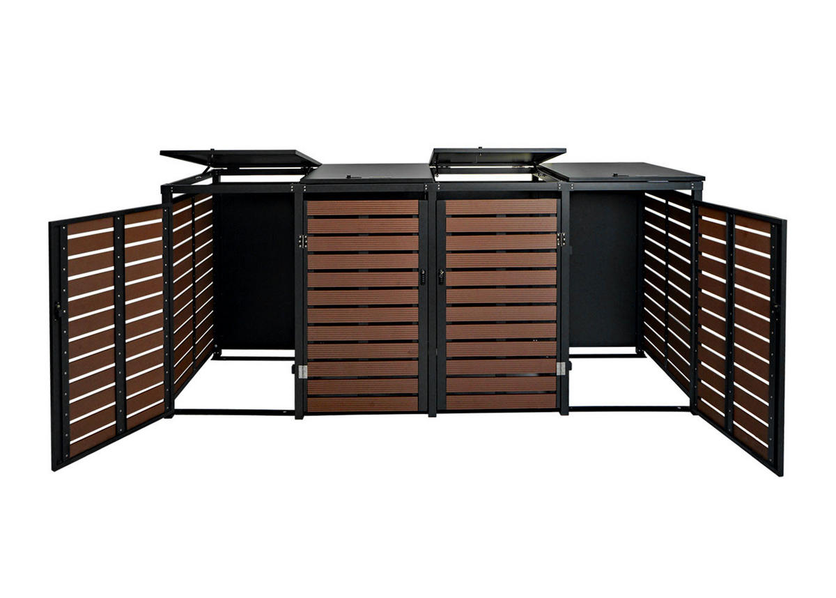 MÜLLTONNENBOX 4er HxBxT 119x264x84cm Walnuss-Holzoptik WPC Metall 130kg - Braun, Metall (264/119/84cm) - PROREGAL