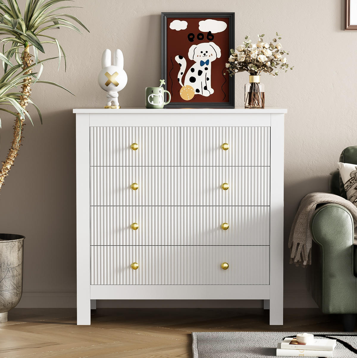 SIDEBOARD 79/80,5/39,5 cm in Weiß mit 5 Schubladen und goldfarbenen Griffen - Weiß, Holzwerkstoff (79/80.5/39.5cm) - Flora Grace
