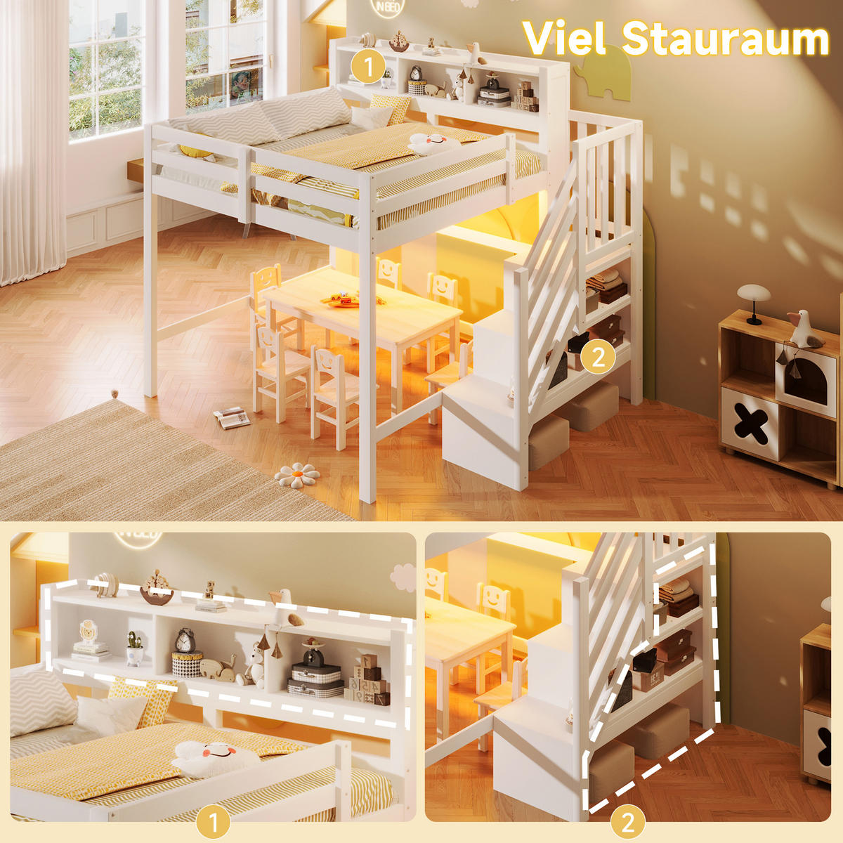 HOCHBETT 140/200 cm Weiß mit LED-Leuchten, Stauraumtreppe, offenem Staufach - Weiß, Holz (140/200cm) - Oxeza