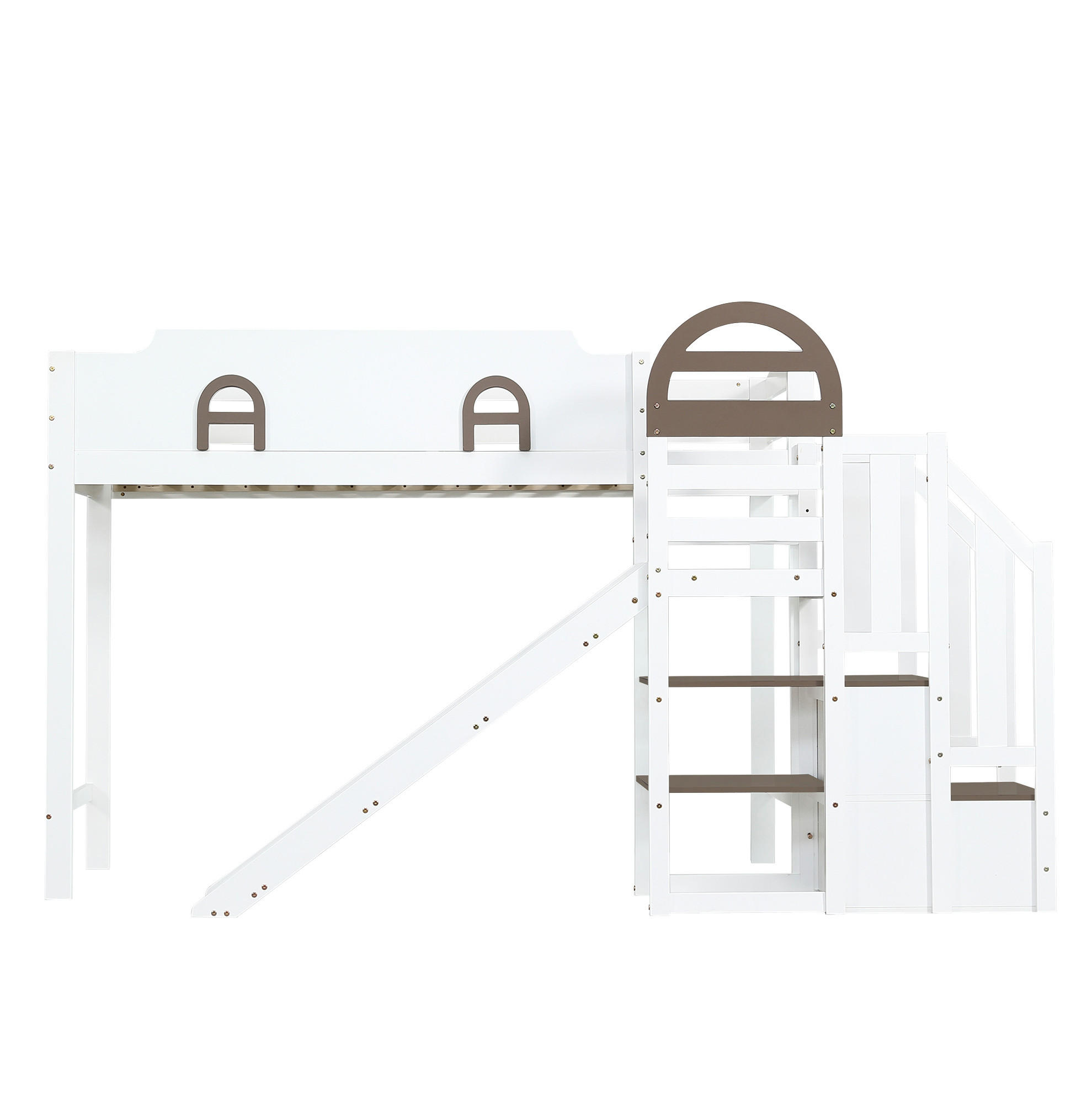 ETAGENBETT mit Fenstern, Rutsche und Stauraumtreppe, Weiß, 90/200 cm - Weiß, Holz (90/200cm) - MIVRAY