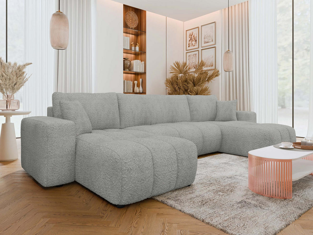 WOHNLADNSCHAFT Furyn U Boucle - Schwarz/Grau, Holzwerkstoff/Kunststoff (312/82/145cm) - MIRJAN24