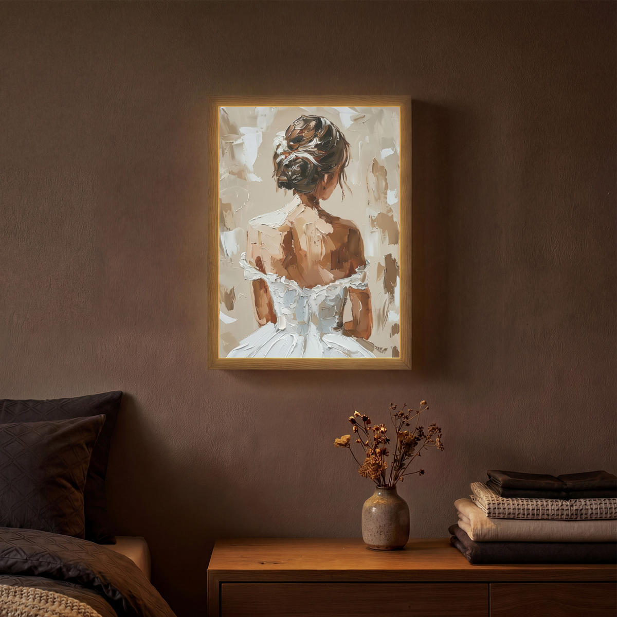 NÁSTĚNNÁ LAMPA S AKUMULÁTOREM Žena - malba - abstraktní - béžová - moderní 30x40 cm - světle hnědá, kompozitní dřevo (30/40/8cm) - OnlyWow