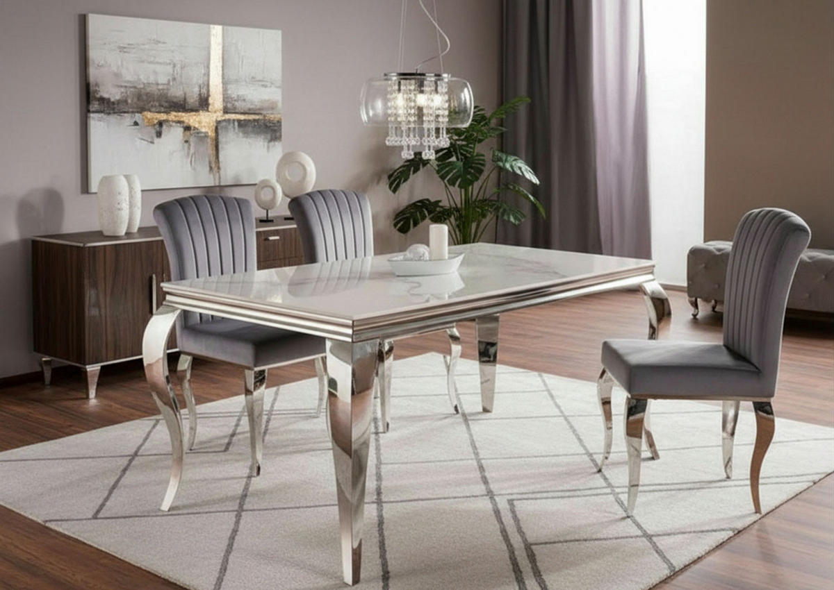 ESSTISCH Prince Weiß Marmor / Chrom 180 / 90 / 75cm - Silberfarben/Weiß, Holz/Keramik (90/180/75cm) - Feldmann-Wohnen