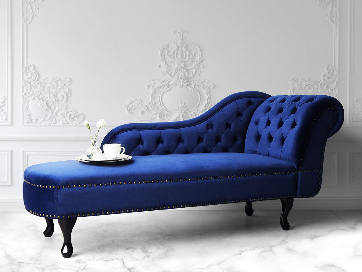 CHAISELONGUE Samtstoff blau rechtsseitig Nimes - Blau/Dunkelbraun, Textil (170/79/61cm) - Beliani