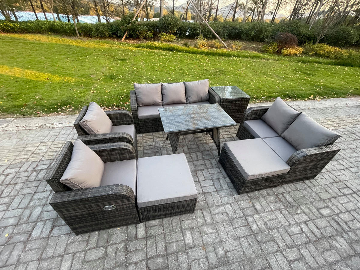 GARTENMÖBEL SET Polyrattan Dunkelgrau 8-Sitzer - Dunkelgrau/Grau, Glas/Kunststoff - Fimous