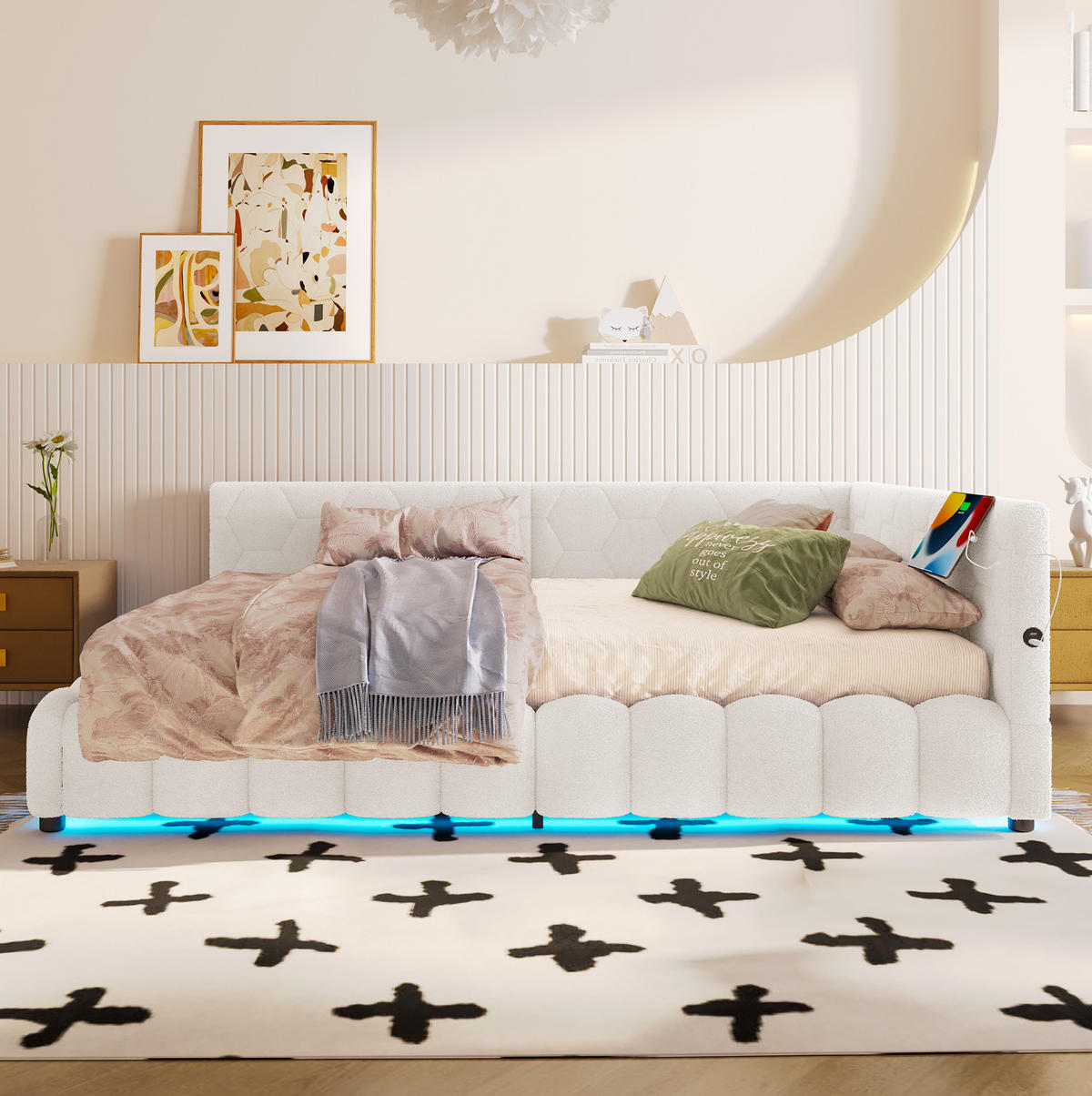 POLSTERBETT 140/200 cm Weiß mit Stauraum, LED-Beleuchtung und USB - Weiß, Textil (140/200cm) - Flora Grace