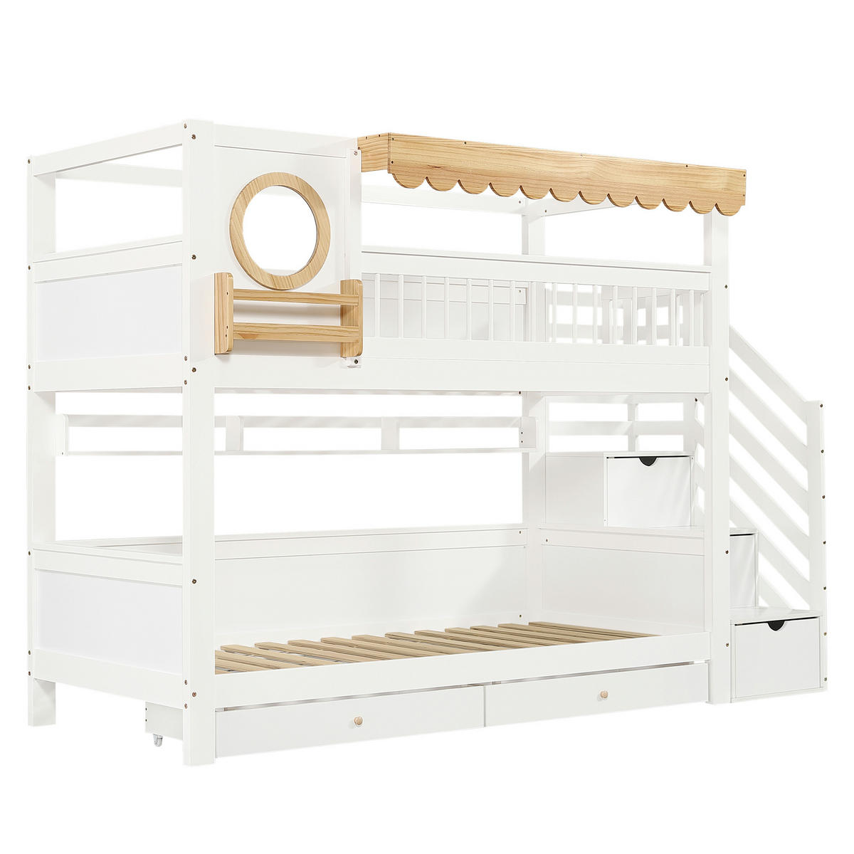 ETAGENBETT 90/200 cm DE-02264, in Weiß, mit Treppenschrank, 2 Schubladen und 2m Regal - Weiß, Holz/Holzwerkstoff (90/200cm) - ComfortXL