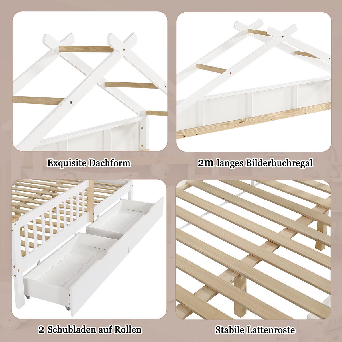 KINDERBETT 140/200 cm in Weiß & Natur mit 2 Schubladen und Dachdesign - Weiß/Naturfarben, Holz/Holzwerkstoff (140/200cm) - CHICFURN