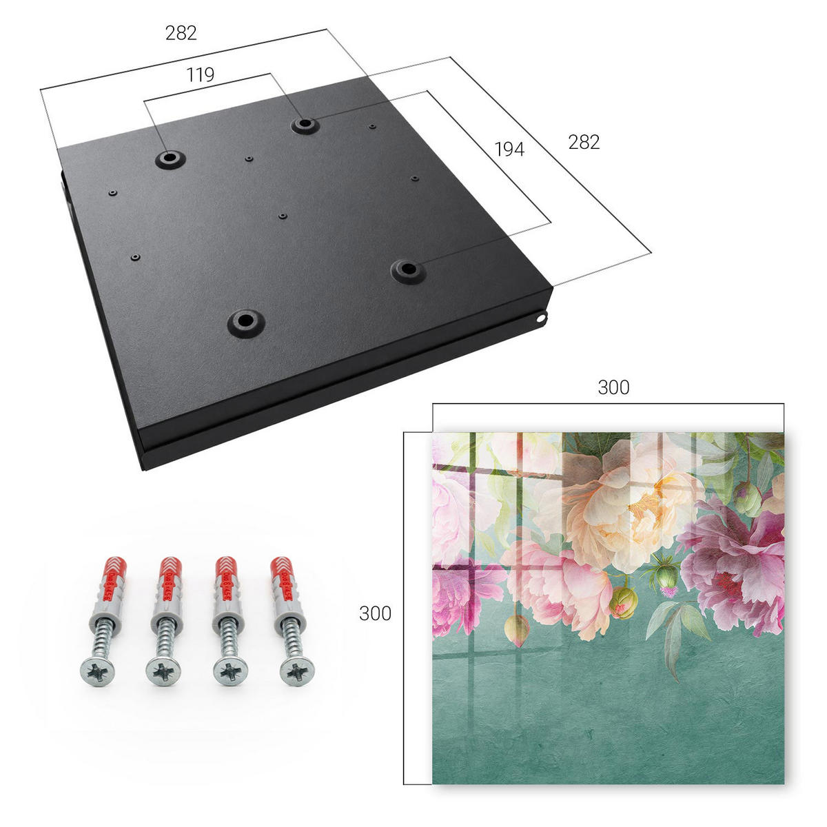 SCHLÜSSELBOX Schwarz 30x30 cm- Türöffnung nach rechts - Florale Eleganz - Grün, Metall (30/30/5cm) - TULUP