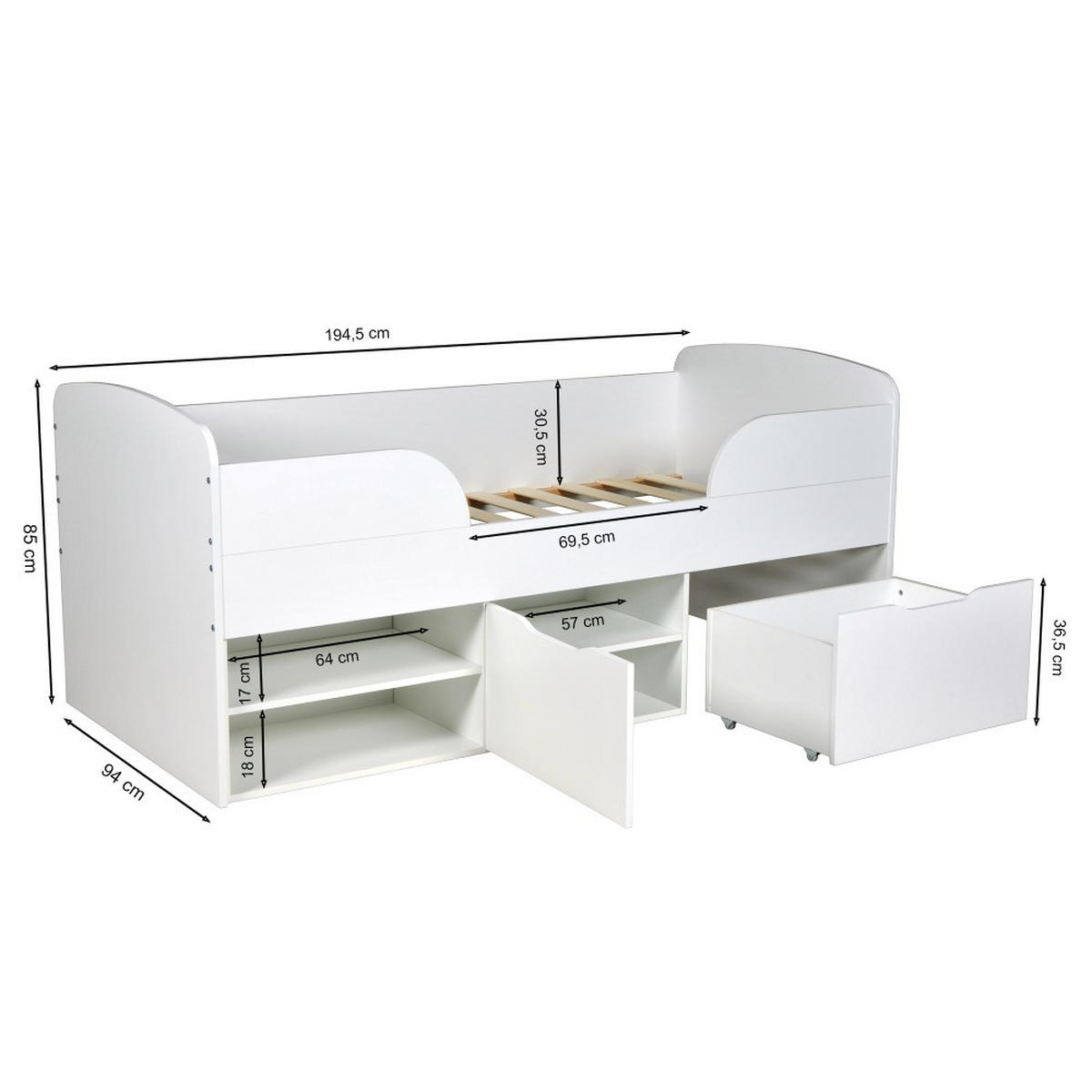 HALBHOCHBETT ELIO / 90x190 cm mit Bettkasten und Stauraum , Weiß - Weiß, Holzwerkstoff (90/190cm) - Weber Industries
