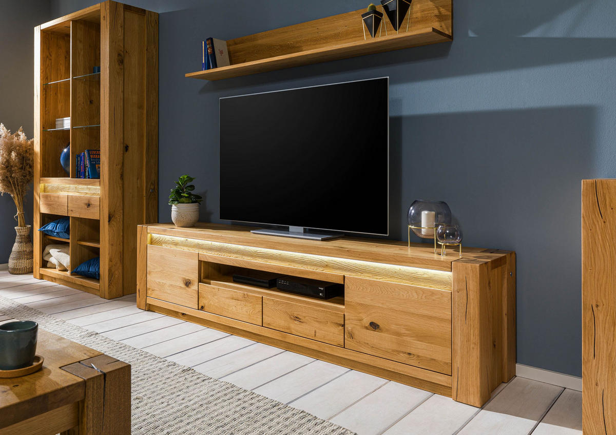 TV-BOARD Wildeiche 223x40x53 natur geölt KENT #132 - Hellbraun, Holz (223/53/40cm) - Massivmoebel24