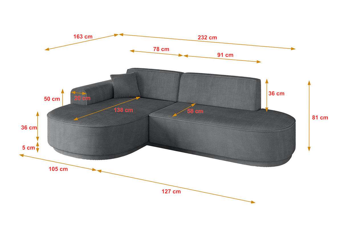 ECKSOFA Ottomane Links MARI-L1-v3 - 232x163x81 cm Dunkelgrau Cord - Dunkelgrau/Schwarz, Holzwerkstoff/Kunststoff (232/163cm) - ALTDECOR