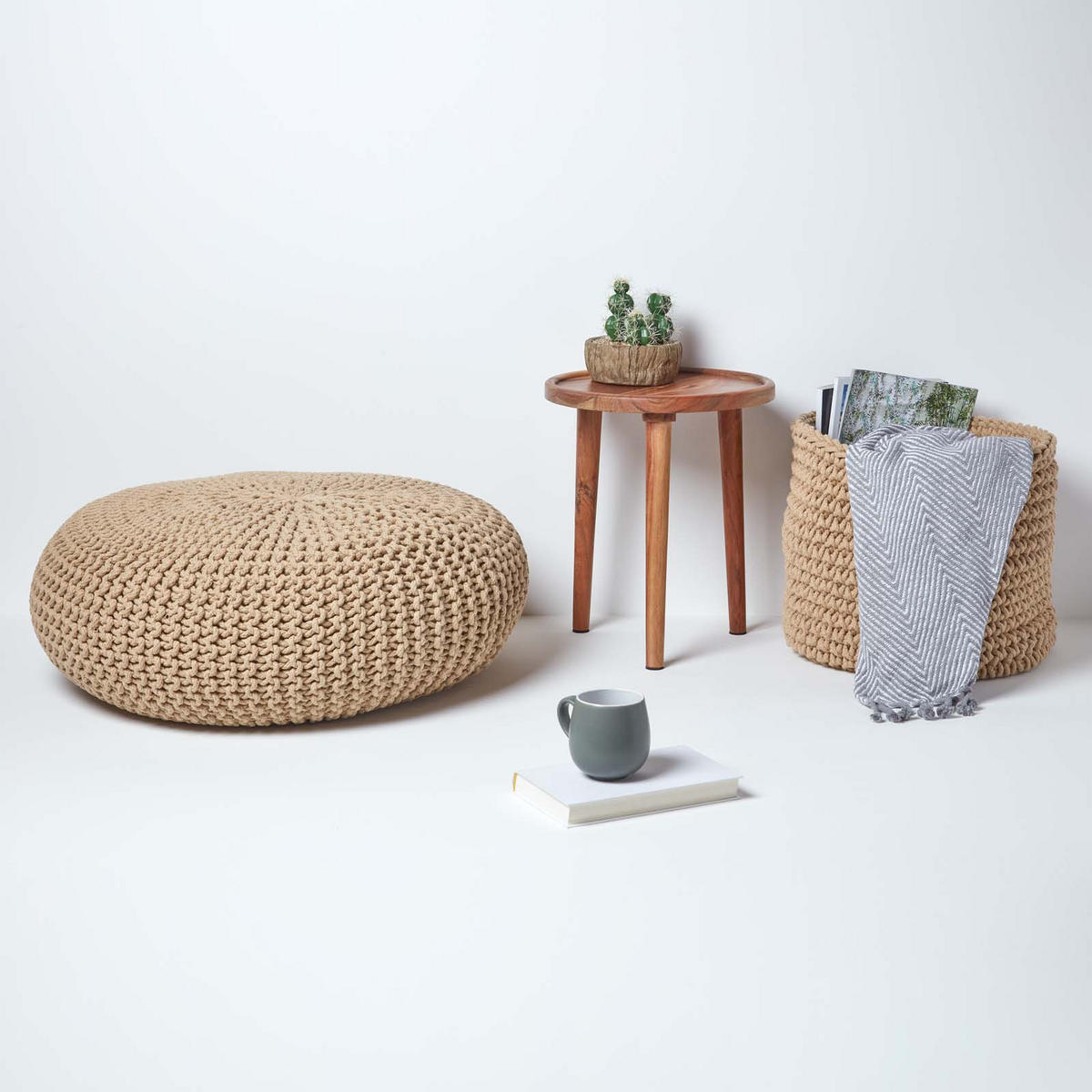 STRICK-POUF beige, Bodenkissen rund 70/70/23 cm - Beige, Textil (70/23/70cm) - Homescapes