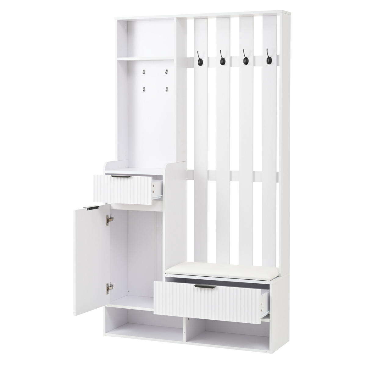 SCHUHSCHRANK aus Spanplatte 100x30x180cm in Weiß mit 8 Haken & Sitzkissen - Weiß, Holzwerkstoff (100/180/30cm) - Modfu