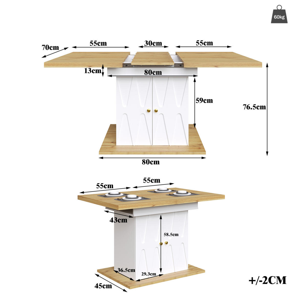 ESSTISCH 110/140/70/76,5 cm Weiß aus MDF und Metall mit Ausziehfunktion - Weiß, Holzwerkstoff (110/70/76.5cm) - OKMYHOME