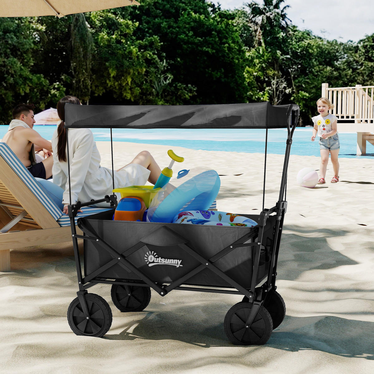 GARTENWAGEN DE-10434 klappbar mit Dach, 110 L Schwarz - Schwarz, Metall (52/105/97cm) - ComfortXL