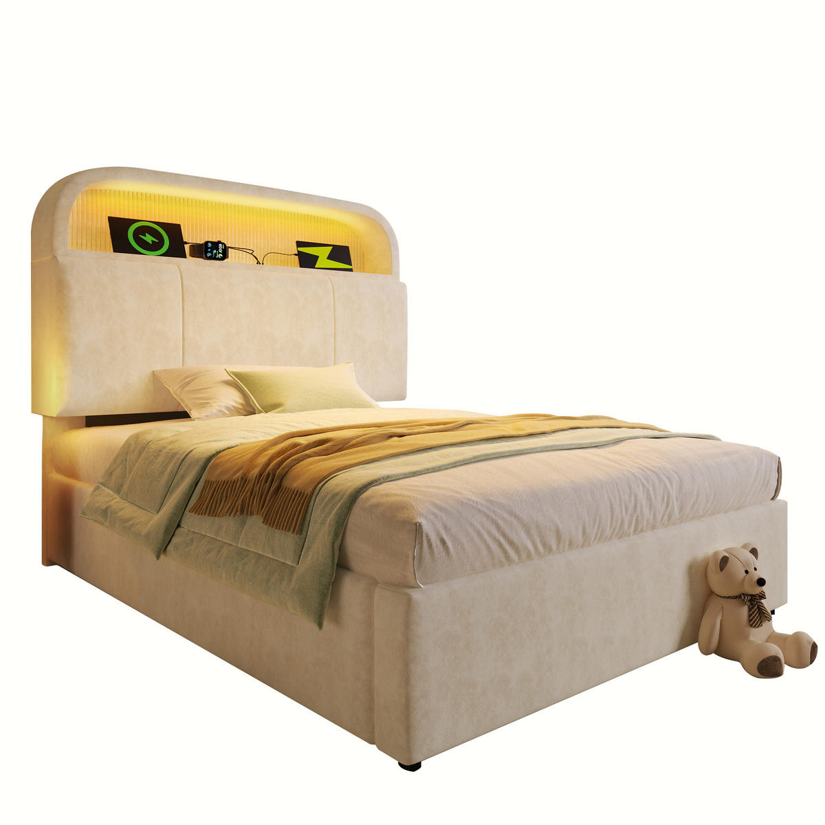 POLSTERBETT 90/200 cm Beige mit höhenverstellbarem Stauraum-Kopfteil mit LED-Beleuchtung und USB-Anschlüssen - Beige, Textil (90/200cm) - OKWISH