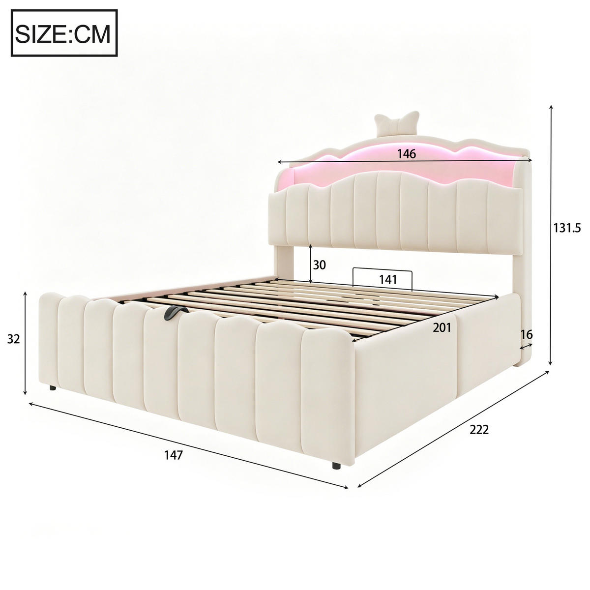 KINDERBETT 140x200 cm in Beige mit LED, USB-/USB-C-Anschlüssen und hydraulischem Stauraum - Beige, Textil (140/200cm) - IVMEU