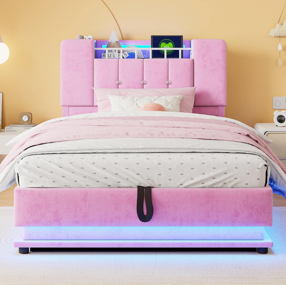 KINDERBETT Polsterbett 90/200 cm aus Samt mit LED-Beleuchtung und Stauraum Rosa - Rosa, Textil (90/200cm) - Modenvie