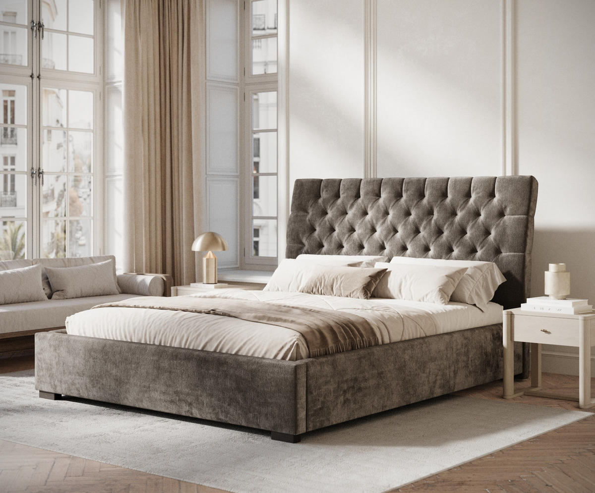 POLSTERBETT Vezzola Grau Braun 180/200 cm im Chenille-Stoff - Graubraun/Schwarz, Holz/Holzwerkstoff (180/200cm) - Maison de Reve