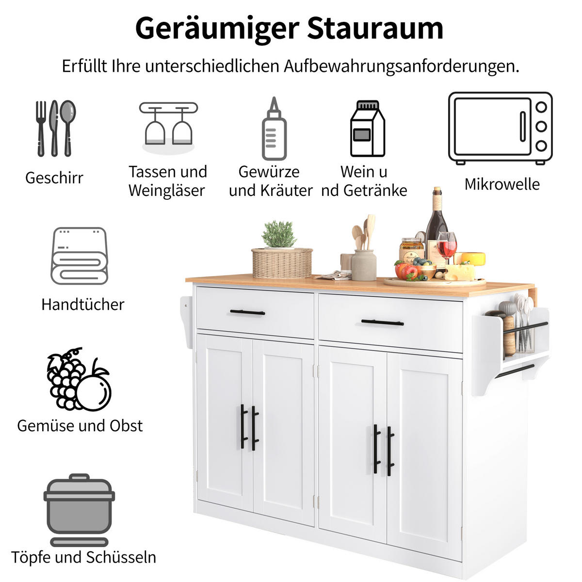 KÜCHENINSEL 120x70x91.5cm weiß Spanplatte mit Falttisch, Schubladen & Rollen - Weiß, Holzwerkstoff (120/91.5/70cm) - Modfu