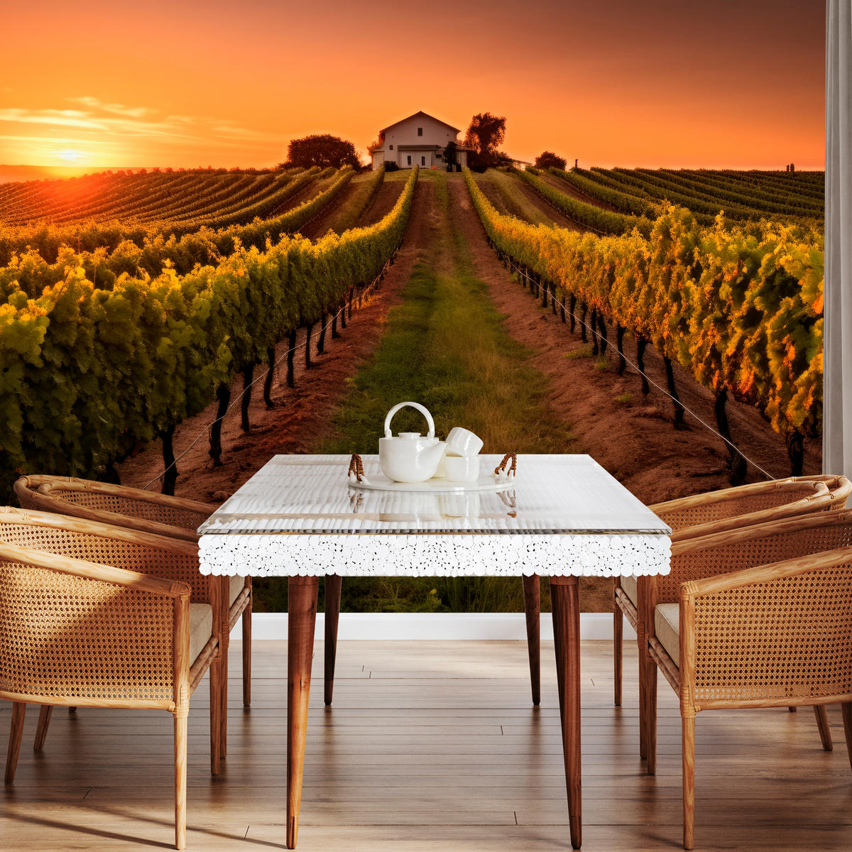 FOTOTAPETE für Esszimmer Weinberg Sonnenuntergang Obstgarten 450x315 - Gelb/Beige, Papier (450/315cm) - Muralo